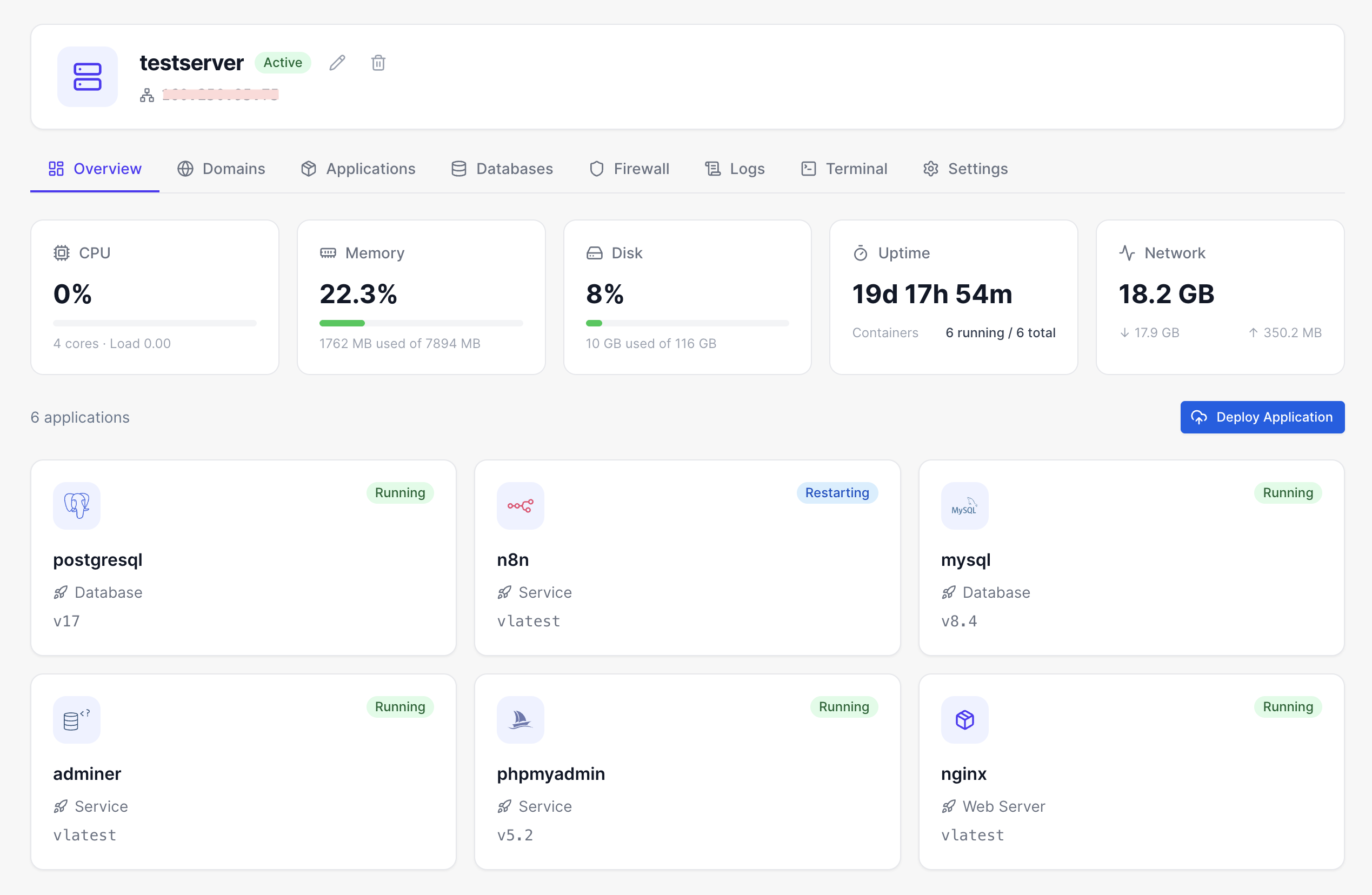 Depnix server dashboard showing CPU, memory, disk, uptime stats and running applications